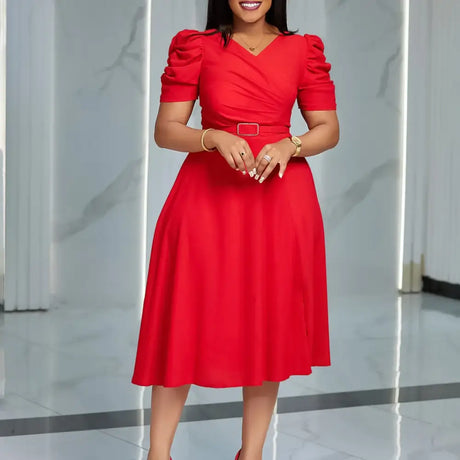 Women Pleated A Line Dresses V Neck Short Sleeves Classy Elegant Office Red / S