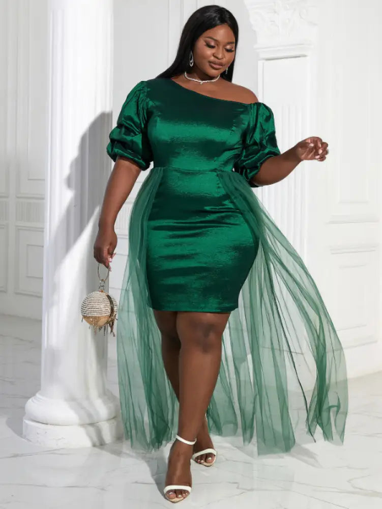 Women Puff Sleeves Patchwork Mesh Green Dress