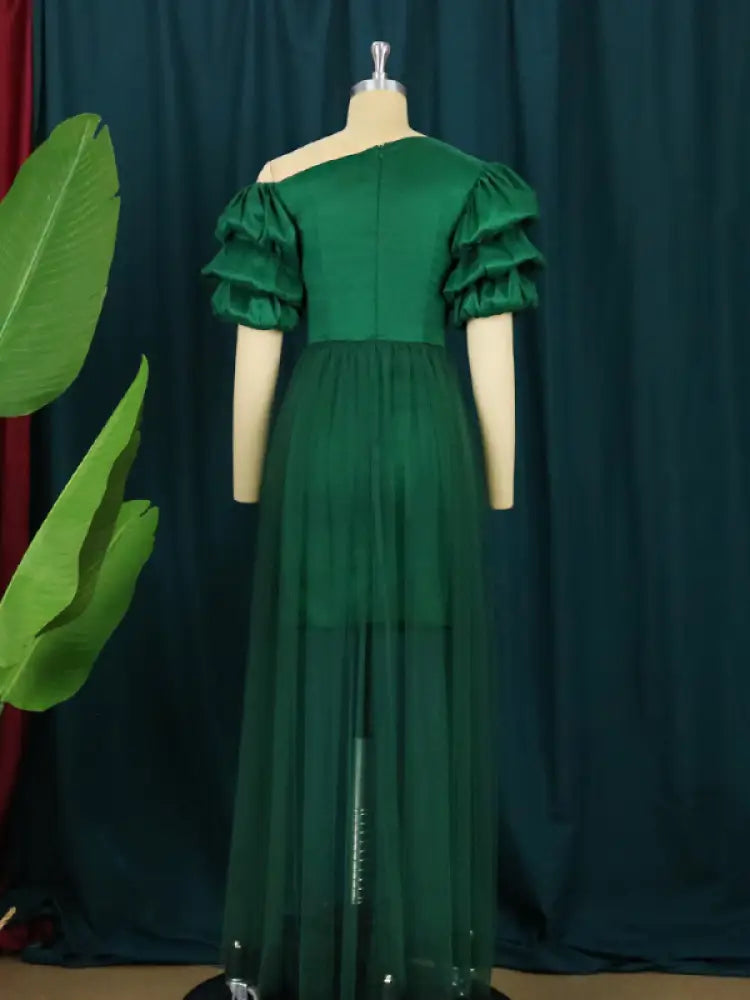 Women Puff Sleeves Patchwork Mesh Green Dress