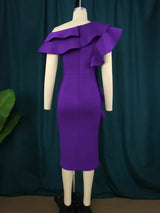 Women Purple Off Shoulder Ruffles Bodycon Dress