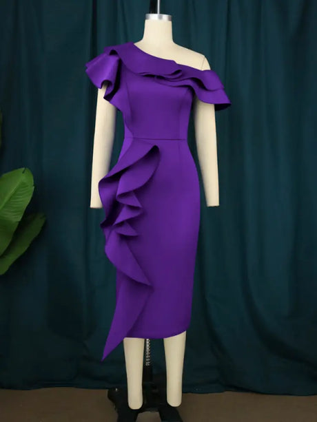 Women Purple Off Shoulder Ruffles Bodycon Dress