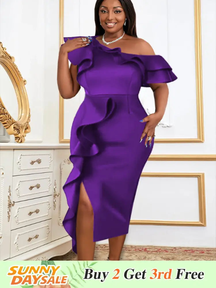 Women Purple Off Shoulder Ruffles Bodycon Dress Purple / S