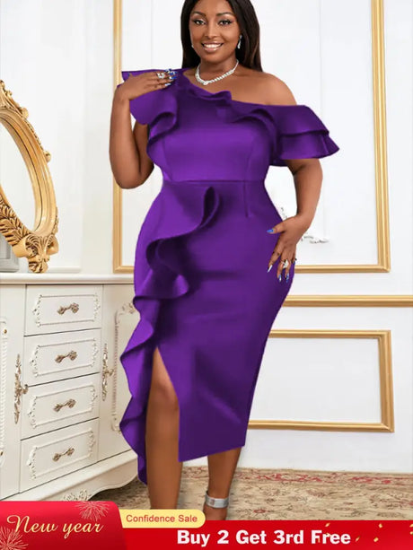 Women Purple Off Shoulder Ruffles Bodycon Dress Purple / S