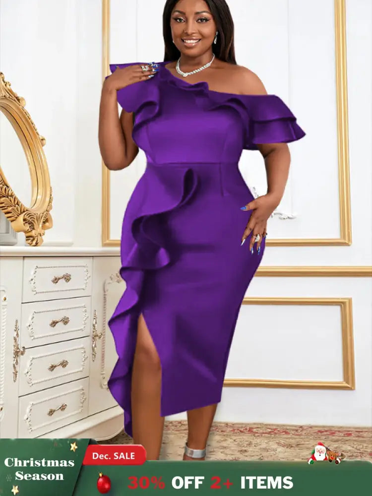 Women Purple Off Shoulder Ruffles Bodycon Dress Purple / S