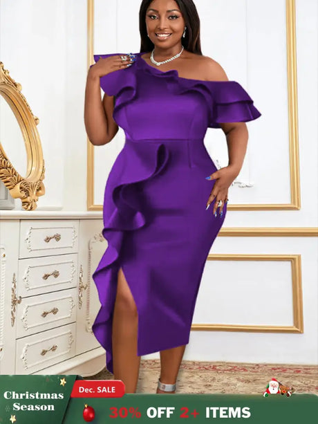 Women Purple Off Shoulder Ruffles Bodycon Dress Purple / S