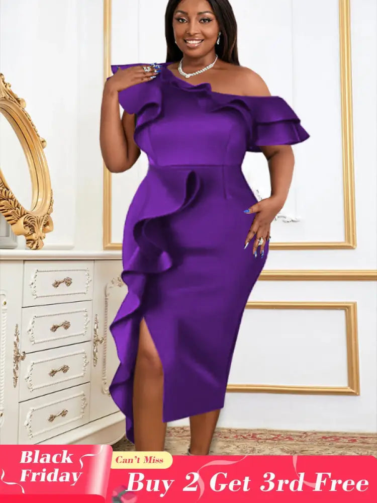 Women Purple Off Shoulder Ruffles Bodycon Dress Purple / S