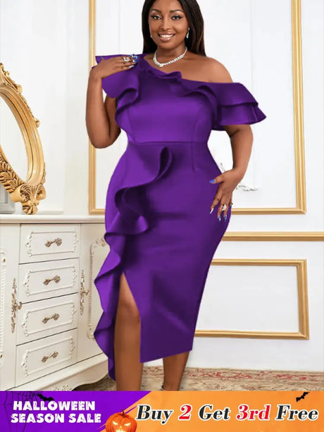Women Purple Off Shoulder Ruffles Bodycon Dress Purple / S