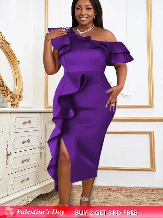 Women Purple Off Shoulder Ruffles Bodycon Dress Purple / S