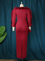 Women Ruffles Red Long Bodycon Christmas Dress