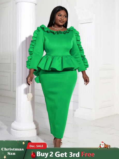 Women Ruffles Red Long Bodycon Christmas Dress Green / S
