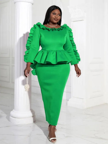 Women Ruffles Red Long Bodycon Christmas Dress Green / S