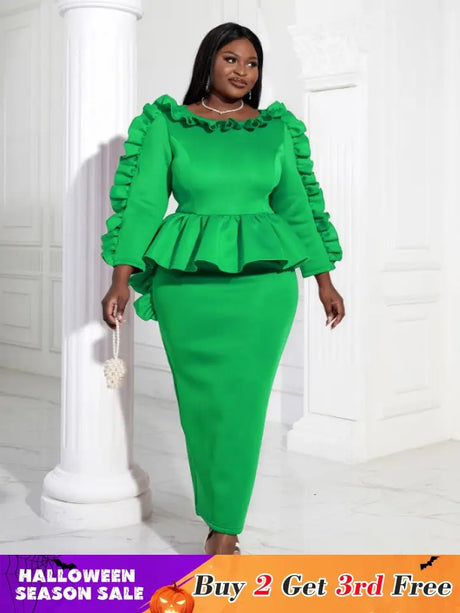 Women Ruffles Red Long Bodycon Christmas Dress Green / S