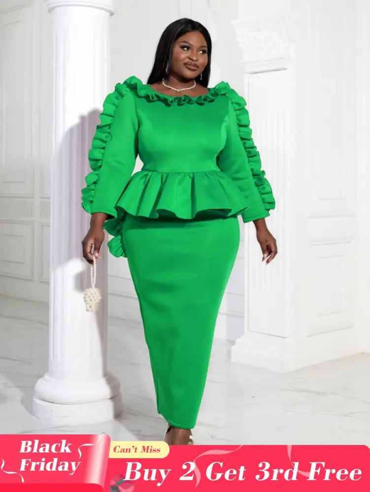 Women Ruffles Red Long Bodycon Christmas Dress Green / S