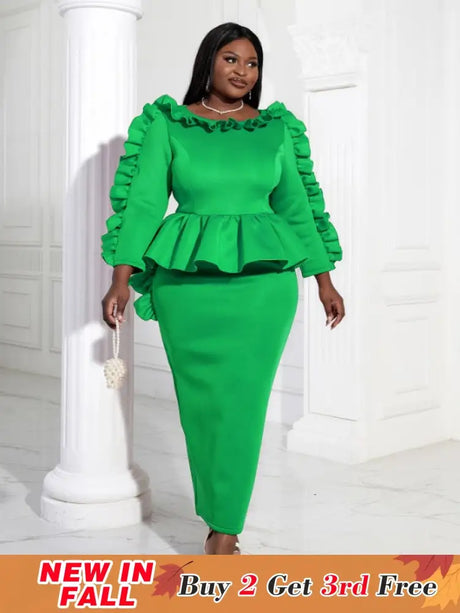 Women Ruffles Red Long Bodycon Christmas Dress Green / S