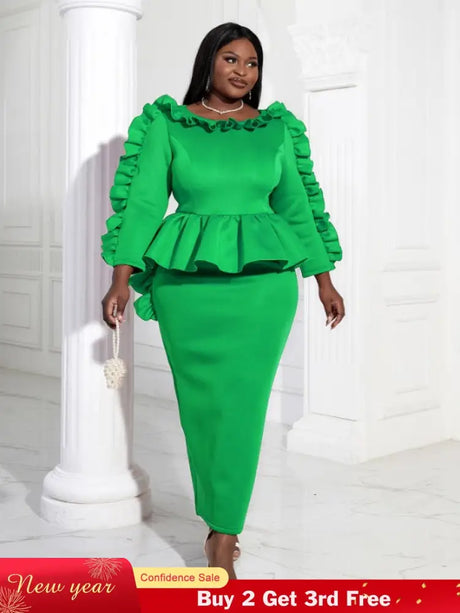 Women Ruffles Red Long Bodycon Christmas Dress Green / S