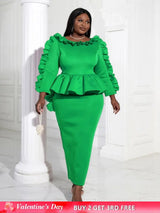 Women Ruffles Red Long Bodycon Christmas Dress Green / S