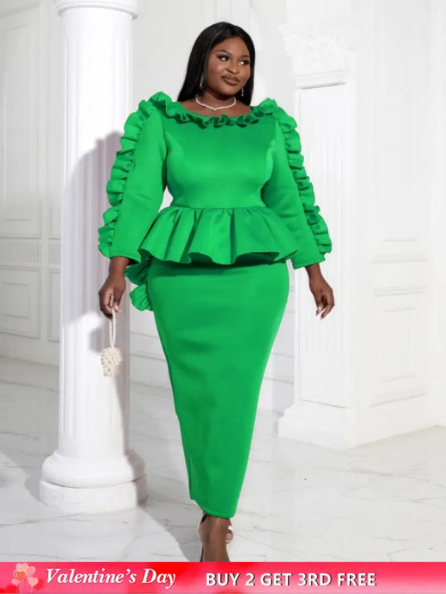Women Ruffles Red Long Bodycon Christmas Dress Green / S