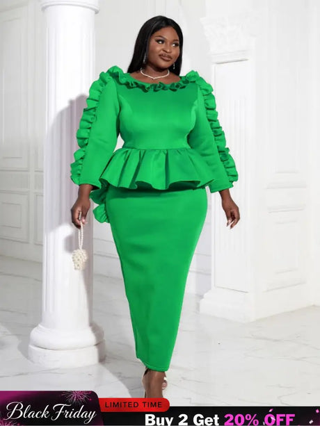 Women Ruffles Red Long Bodycon Christmas Dress Green / S