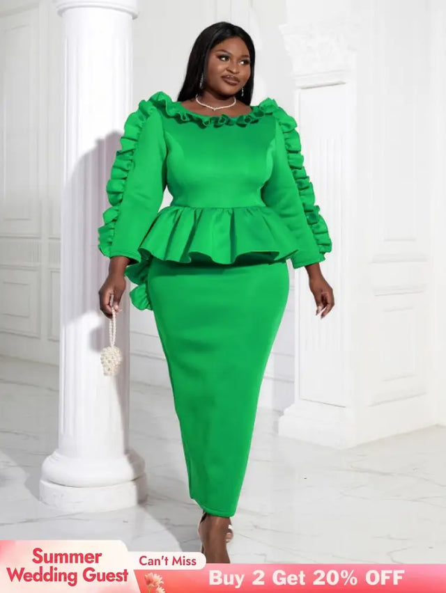 Women Ruffles Red Long Bodycon Christmas Dress Green / S