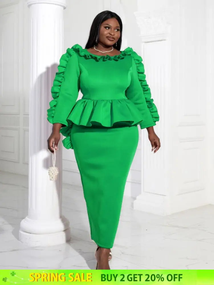 Women Ruffles Red Long Bodycon Christmas Dress Green / S