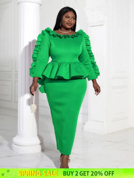 Women Ruffles Red Long Bodycon Christmas Dress Green / S