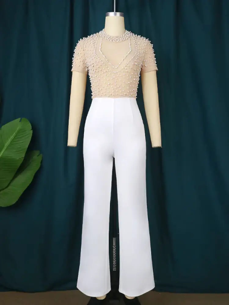 Women See Through Tops Beaded Wide Leg Jumpsuit