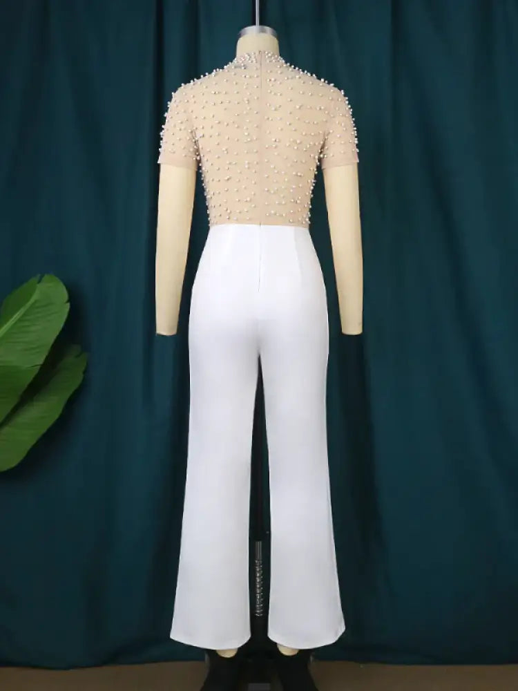 Women See Through Tops Beaded Wide Leg Jumpsuit