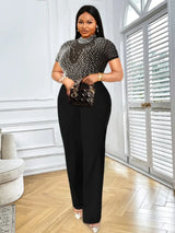 Women See Through Tops Beaded Wide Leg Jumpsuit Black / S