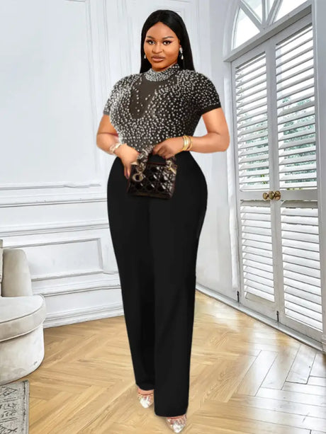 Women See Through Tops Beaded Wide Leg Jumpsuit Black / S