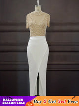Women Sexy See Through Tulle Bead Slit Party Dress White / S