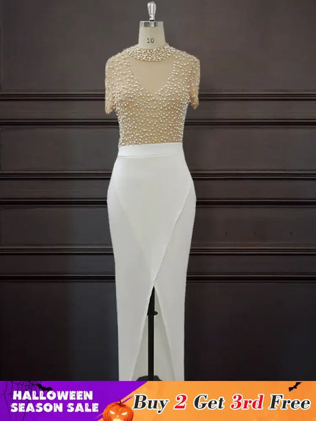Women Sexy See Through Tulle Bead Slit Party Dress White / S