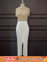 Women Sexy See Through Tulle Bead Slit Party Dress White / S