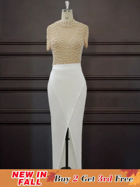 Women Sexy See Through Tulle Bead Slit Party Dress White / S