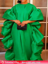 Women Shiny Bubu Dresses O Neck Ruffles Traditional Africa Kaftan Green / One Size