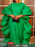 Women Shiny Bubu Dresses O Neck Ruffles Traditional Africa Kaftan Green / One Size