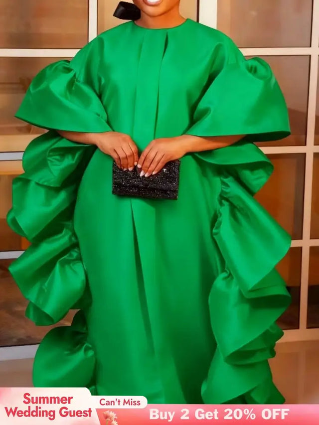 Women Shiny Bubu Dresses O Neck Ruffles Traditional Africa Kaftan Green / One Size