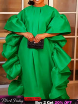 Women Shiny Bubu Dresses O Neck Ruffles Traditional Africa Kaftan Green / One Size