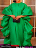 Women Shiny Bubu Dresses O Neck Ruffles Traditional Africa Kaftan Green / One Size