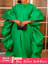 Women Shiny Bubu Dresses O Neck Ruffles Traditional Africa Kaftan Green / One Size