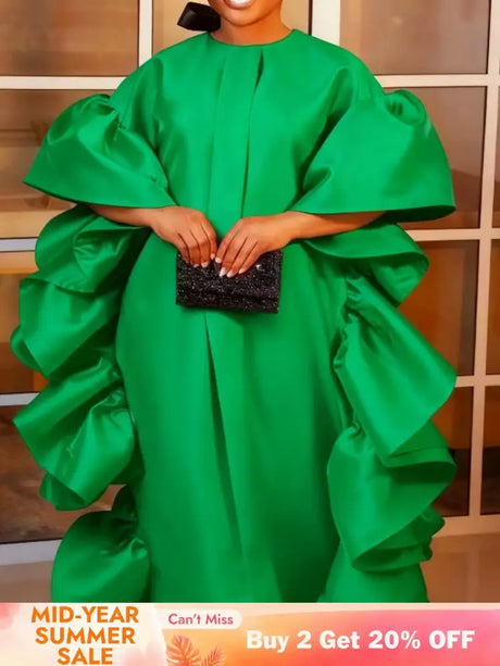 Women Shiny Bubu Dresses O Neck Ruffles Traditional Africa Kaftan Green / One Size