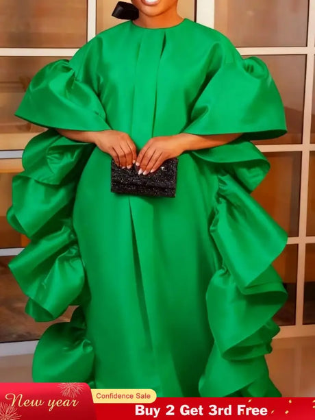 Women Shiny Bubu Dresses O Neck Ruffles Traditional Africa Kaftan Green / One Size