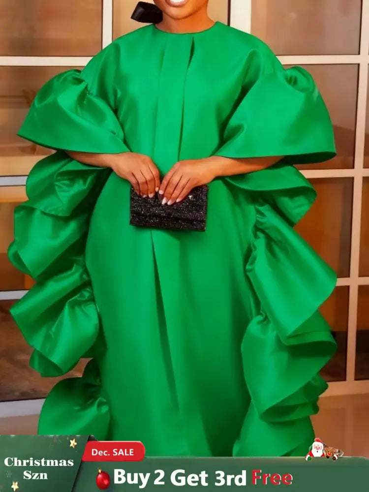 Women Shiny Bubu Dresses O Neck Ruffles Traditional Africa Kaftan Green / One Size