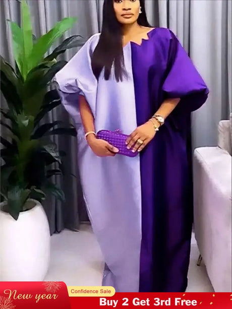 Women Shiny Bubu Kaftan Dresses for Church Color Block African Dresses Purple / One Size