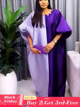 Women Shiny Bubu Kaftan Dresses for Church Color Block African Dresses Purple / One Size