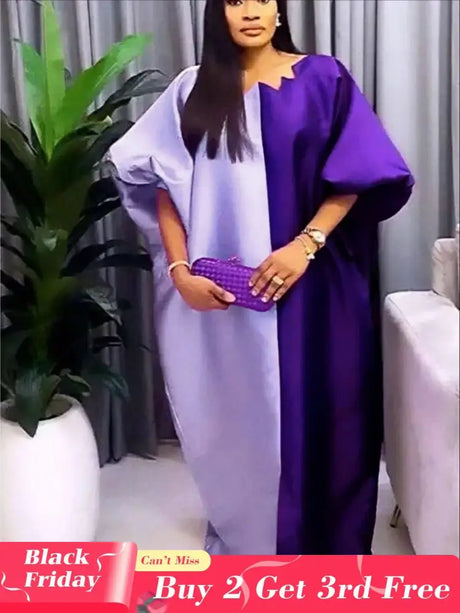 Women Shiny Bubu Kaftan Dresses for Church Color Block African Dresses Purple / One Size