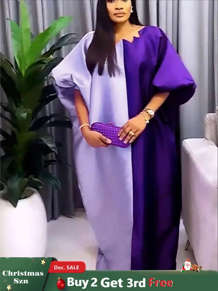 Women Shiny Bubu Kaftan Dresses for Church Color Block African Dresses Purple / One Size