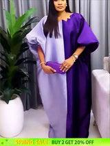 Women Shiny Bubu Kaftan Dresses for Church Color Block African Dresses Purple / One Size