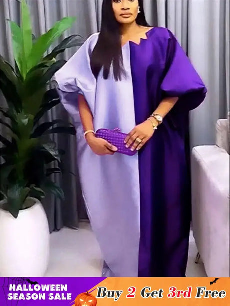 Women Shiny Bubu Kaftan Dresses for Church Color Block African Dresses Purple / One Size