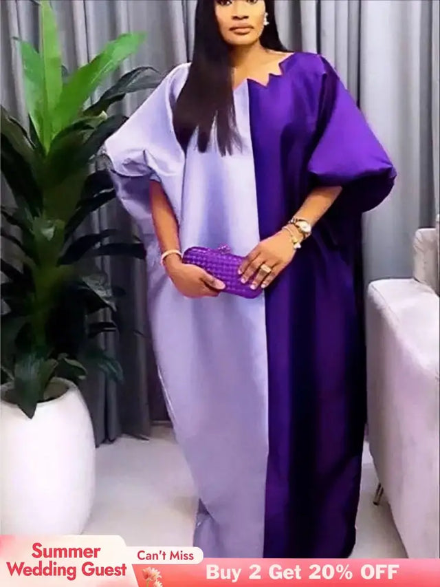 Women Shiny Bubu Kaftan Dresses for Church Color Block African Dresses Purple / One Size