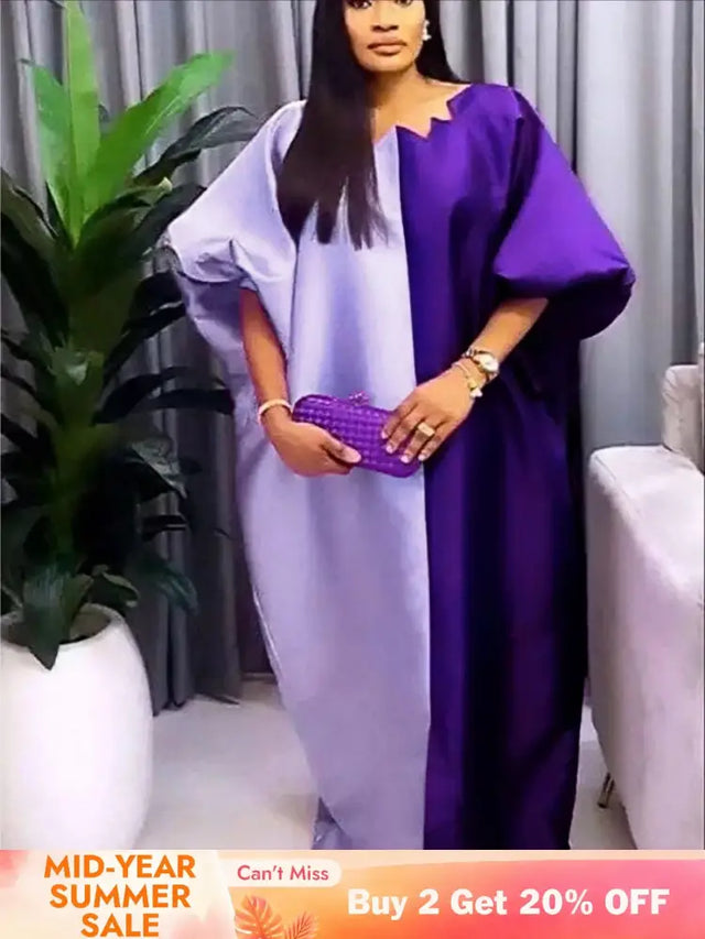Women Shiny Bubu Kaftan Dresses for Church Color Block African Dresses Purple / One Size